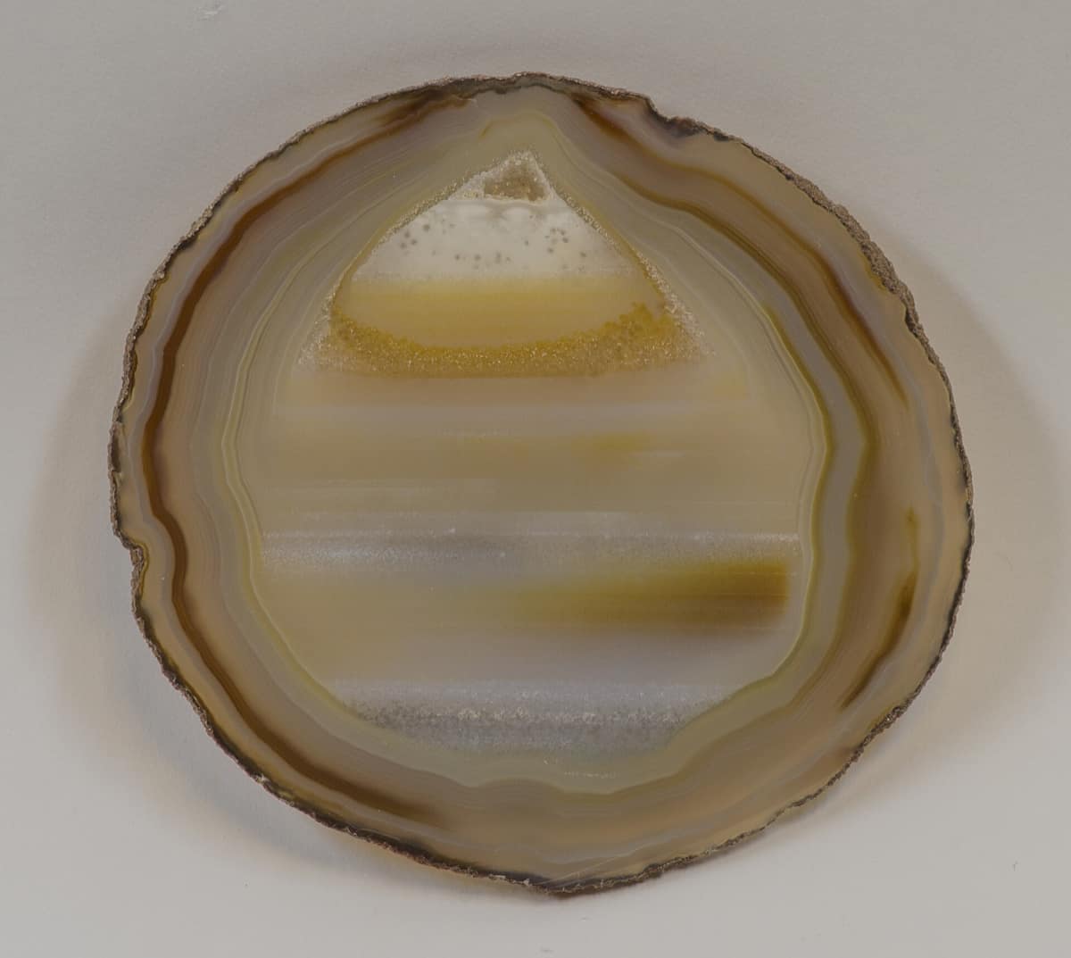 A polished agate slice: concentric brown bands at the rim, horizontal layers at the centre.