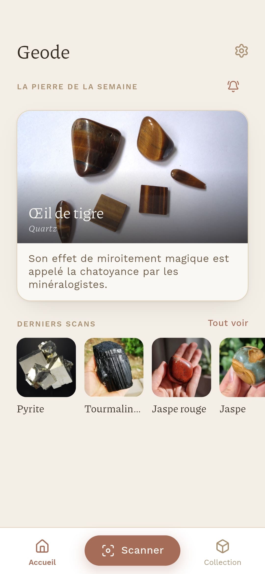 Geode's home screen, with the identify button and recent scans.